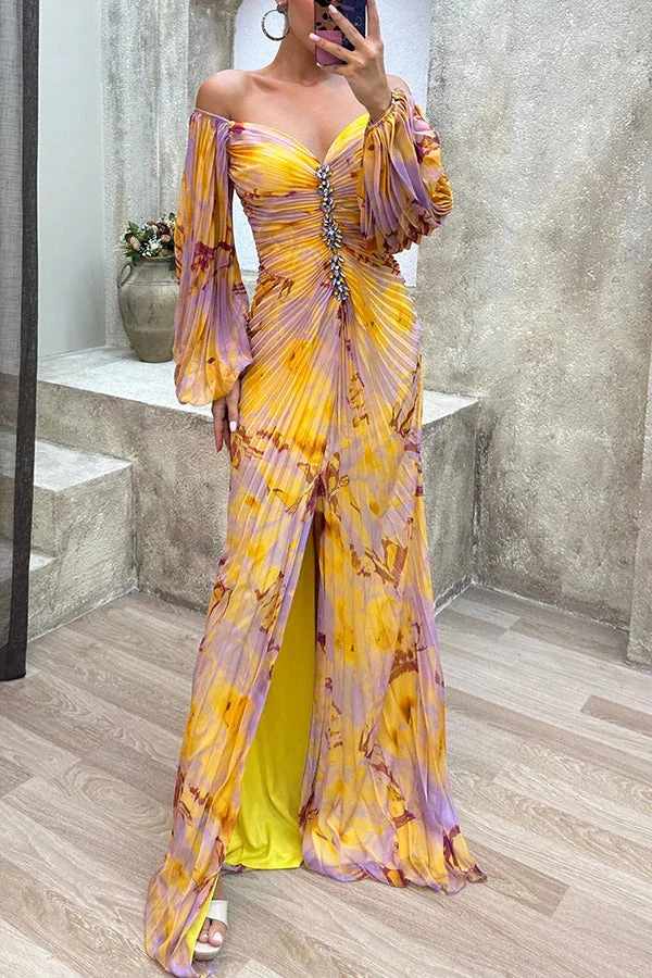 Heidi-Mode | Sunset Serenade Bedrucktes Off-Shoulder Maxikleid mit Diamantverzierungen und Faltenröcken mit Schlitz - Image 10