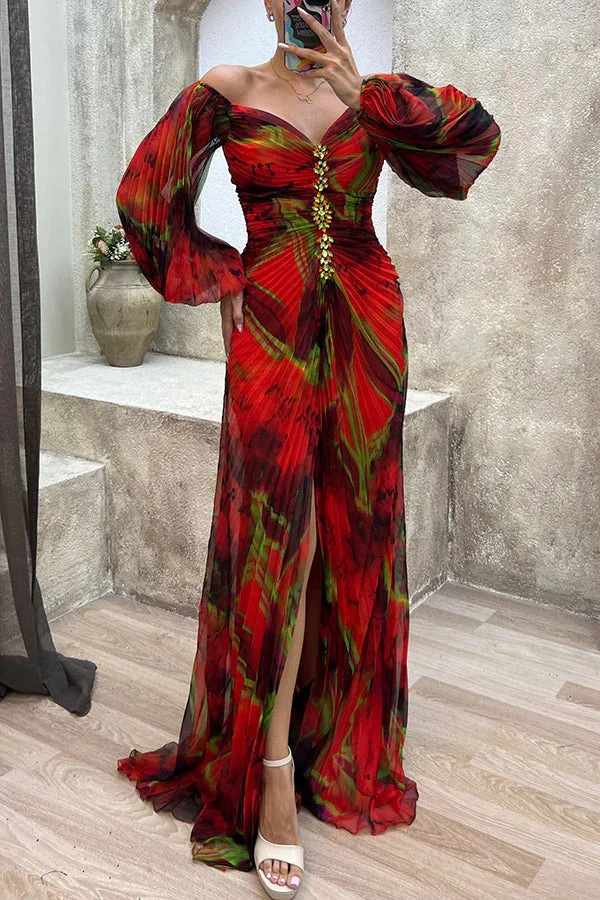 Heidi-Mode | Sunset Serenade Bedrucktes Off-Shoulder Maxikleid mit Diamantverzierungen und Faltenröcken mit Schlitz - Image 6