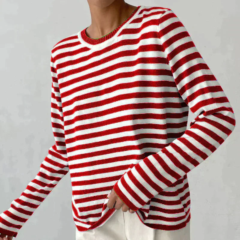 Heidi-Mode | T Shirt Gestreifter Rundhalsausschnitt für Frauen Loose Fit Hemd - Image 10