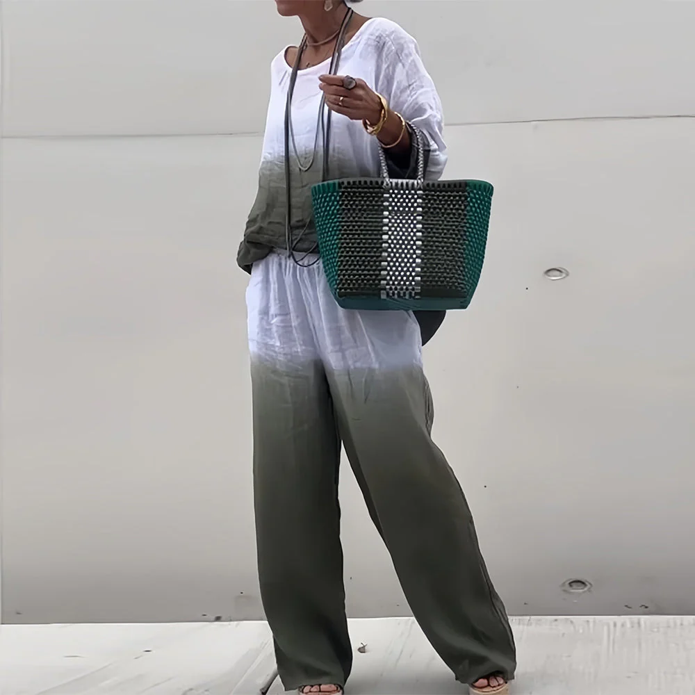 Heidi-Mode | T-Shirt + Hose Aus Baumwolle und Leinen mit Farbverlauf und Rundhalsausschnitt für Damen