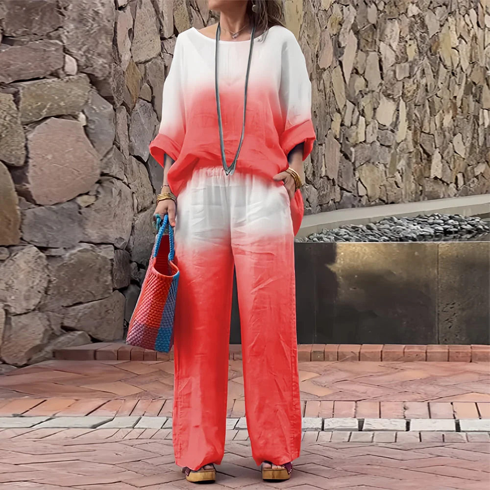 Heidi-Mode | T-Shirt + Hose Aus Baumwolle und Leinen mit Farbverlauf und Rundhalsausschnitt für Damen - Image 15