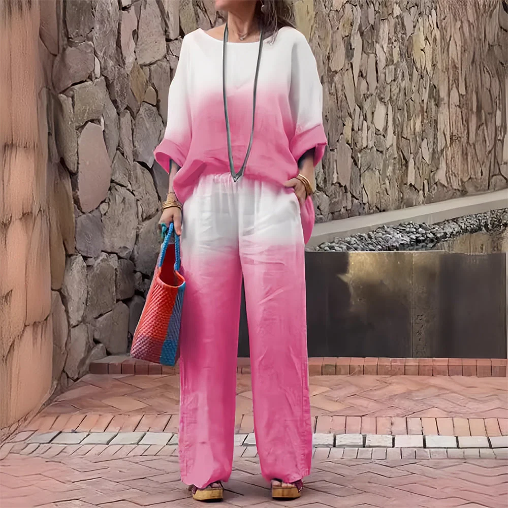 Heidi-Mode | T-Shirt + Hose Aus Baumwolle und Leinen mit Farbverlauf und Rundhalsausschnitt für Damen - Image 16