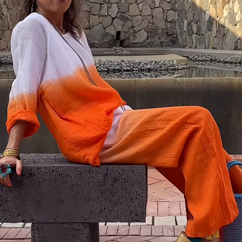 Heidi-Mode | T-Shirt + Hose Aus Baumwolle und Leinen mit Farbverlauf und Rundhalsausschnitt für Damen - Image 17