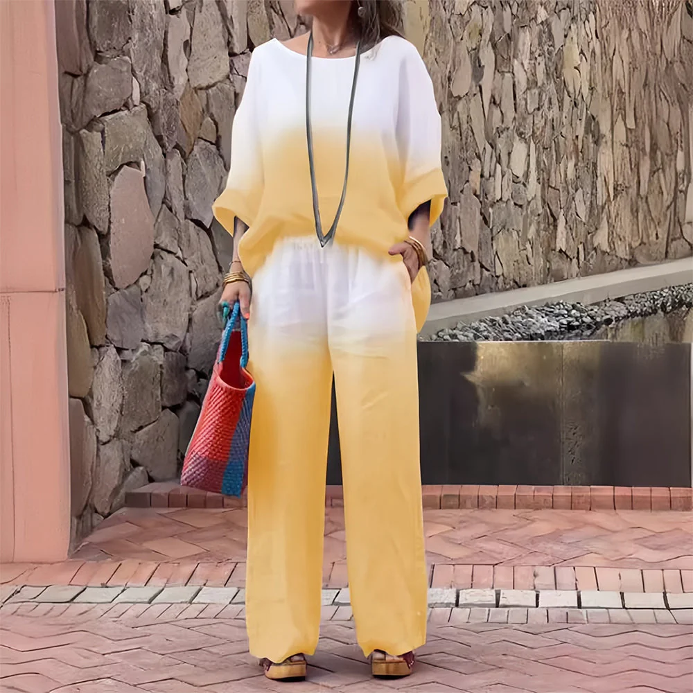 Heidi-Mode | T-Shirt + Hose Aus Baumwolle und Leinen mit Farbverlauf und Rundhalsausschnitt für Damen - Image 18