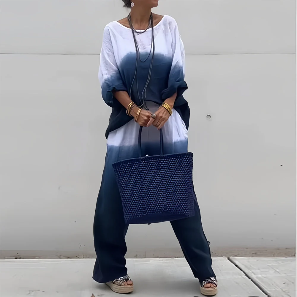 Heidi-Mode | T-Shirt + Hose Aus Baumwolle und Leinen mit Farbverlauf und Rundhalsausschnitt für Damen - Image 6