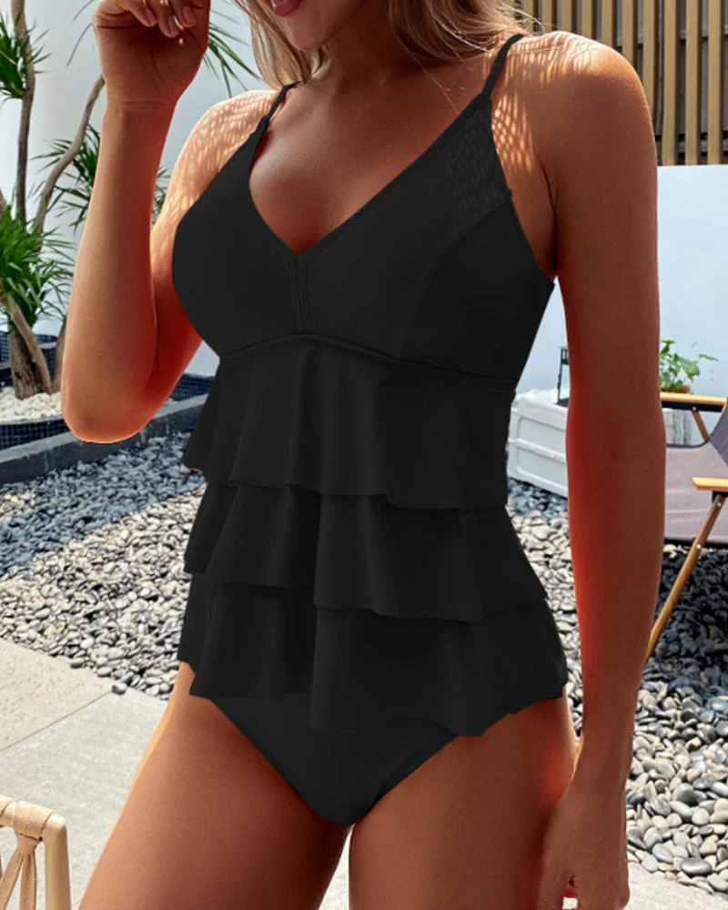 Heidi-Mode | Tankini mit Gespaltenem Stil und Rüschen In Einfarbiger Farbe - Image 6