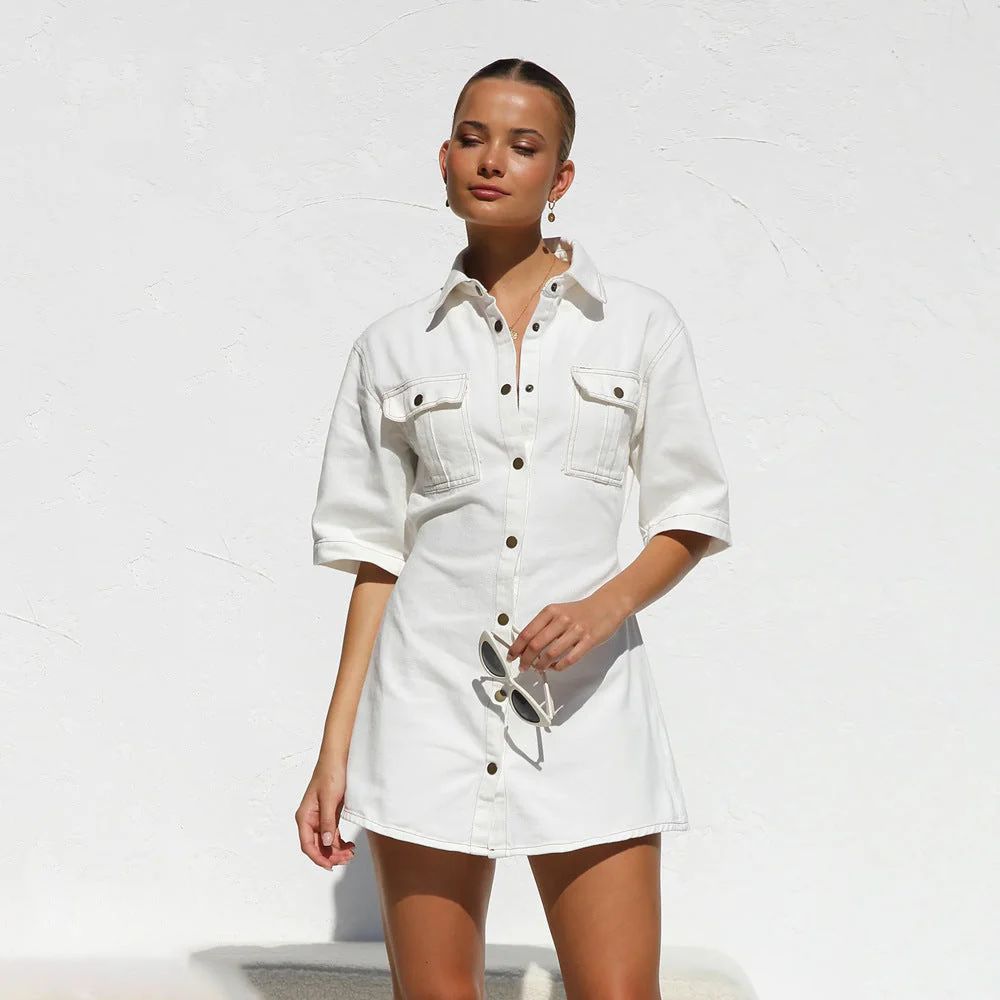 Heidi-Mode | Taschen Taille Gerafftes Hemd Jeanskleid - Image 3
