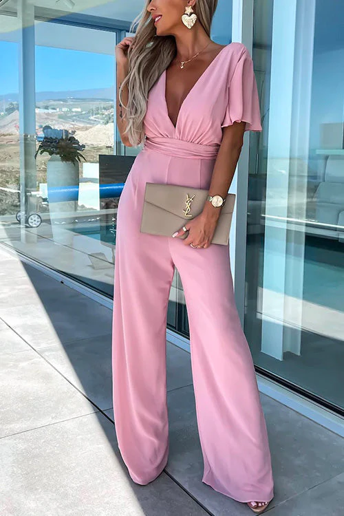 Heidi-Mode | Rosiedress Tiefer V-Ausschnitt Rüschensleeve Hoch Taille Weite Bein Jumpsuit