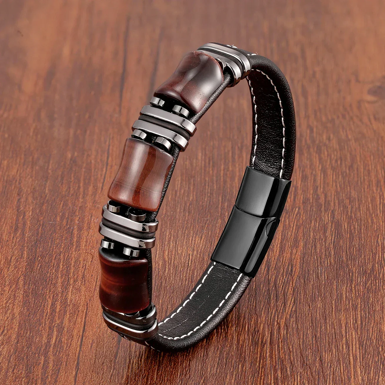 Heidi-Mode | Tigerauge Naturstein Lederarmband - Image 2