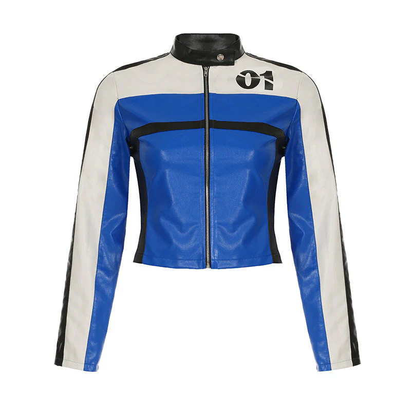 Heidi-Mode | Transportmotorjacke Mantel Digitaldruck Nähen Kontrastfarbe Reißverschluss Langarm Kurz Kunstleder Zum Oberteil - Image 4