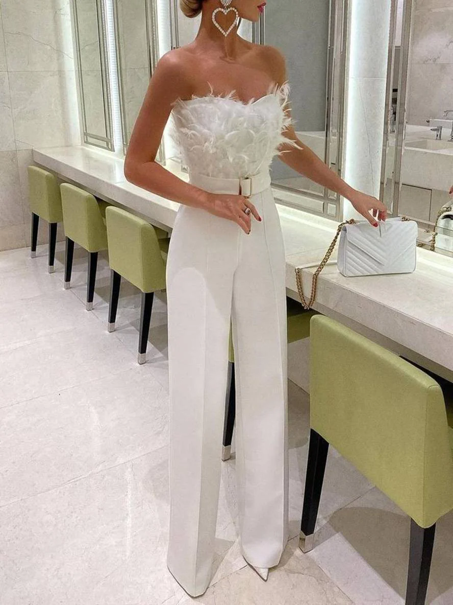 Heidi-Mode | Kombination Tube mit Gerader Beinform Bustier mit Federn Elegante Frau Weiß - Image 2