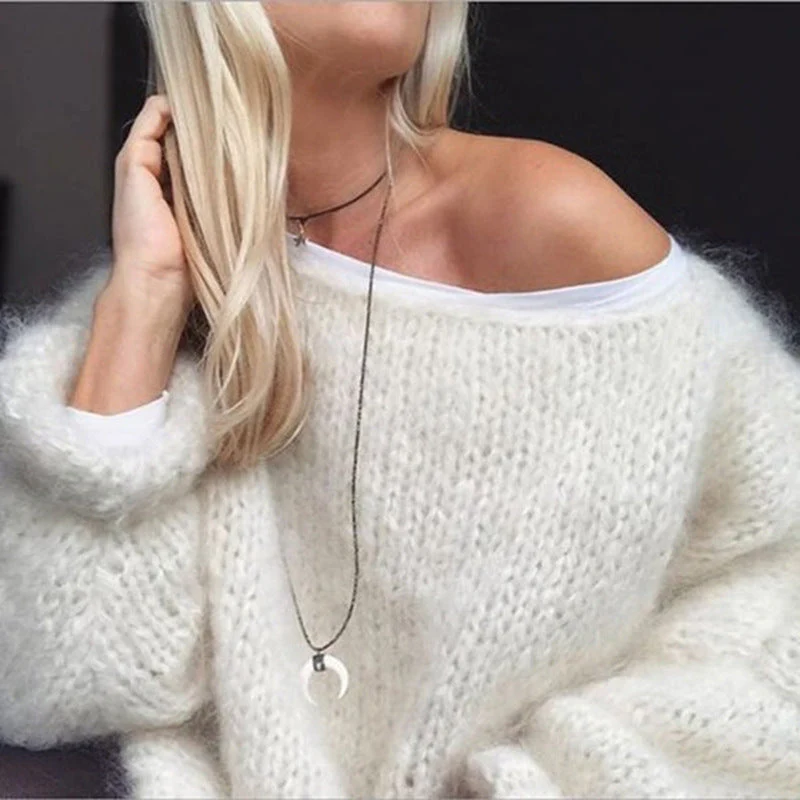 Heidi-Mode | U Boot Ausschnitt Grob Gestrickt Oversize Pullover Damen Strickwaren