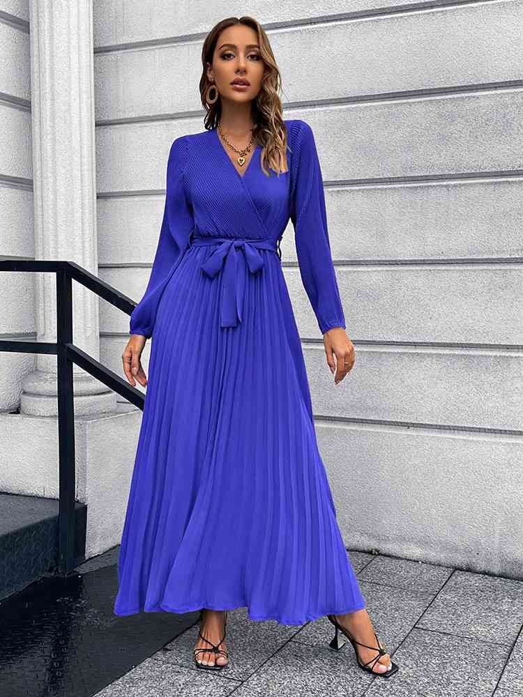 Heidi-Mode | V-Ausschnitt Bindegürtel Falten Maxi Kleid - Image 14