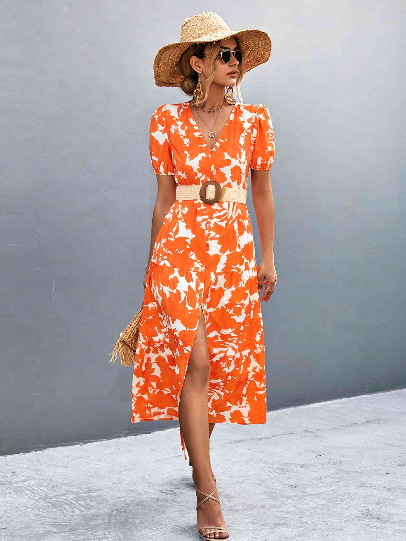 Heidi-Mode | V-Ausschnitt Kurzarm Hohe Schlitz Midi Kleid - Image 11