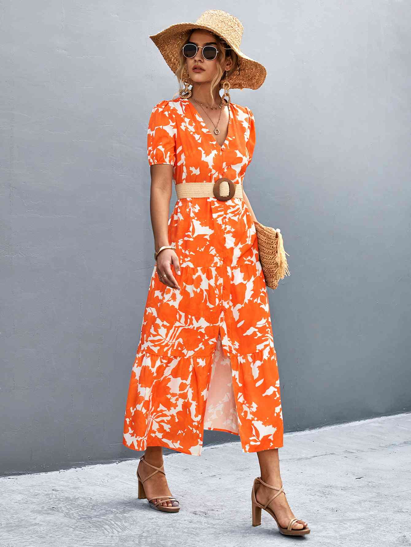 Heidi-Mode | V-Ausschnitt Kurzarm Hohe Schlitz Midi Kleid - Image 3