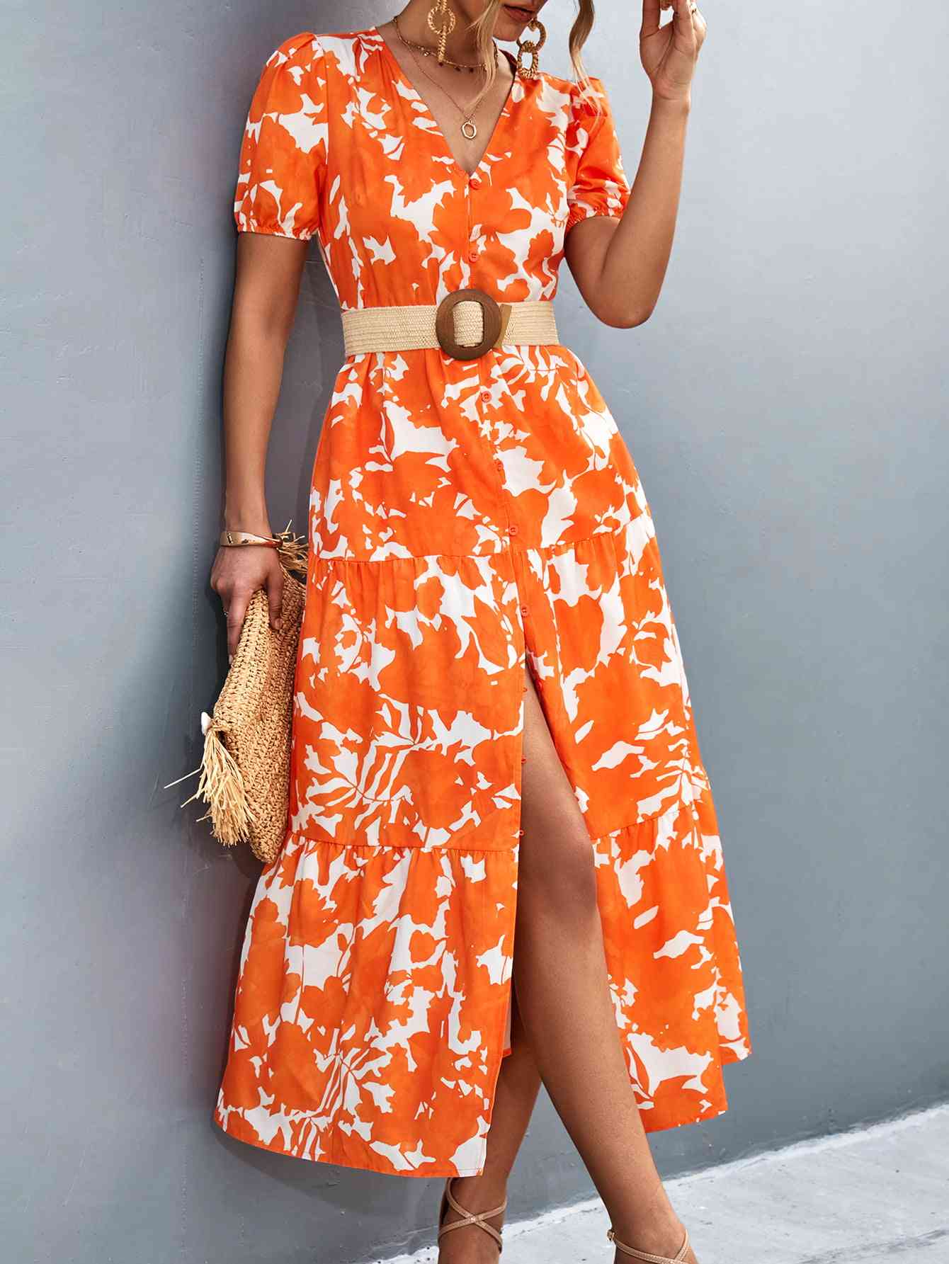 Heidi-Mode | V-Ausschnitt Kurzarm Hohe Schlitz Midi Kleid - Image 4