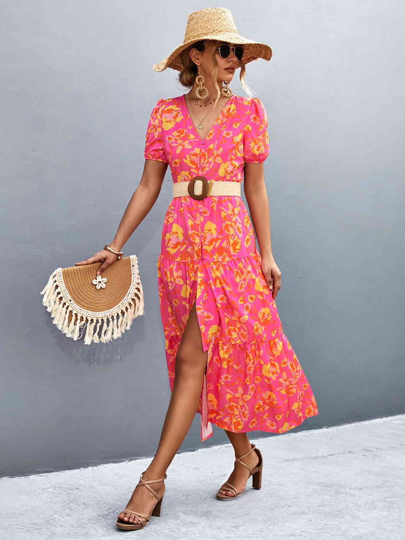 Heidi-Mode | V-Ausschnitt Kurzarm Hohe Schlitz Midi Kleid - Image 7