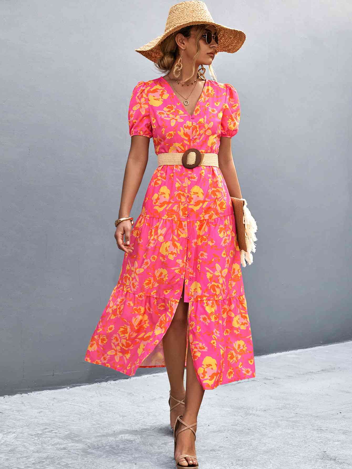Heidi-Mode | V-Ausschnitt Kurzarm Hohe Schlitz Midi Kleid - Image 8