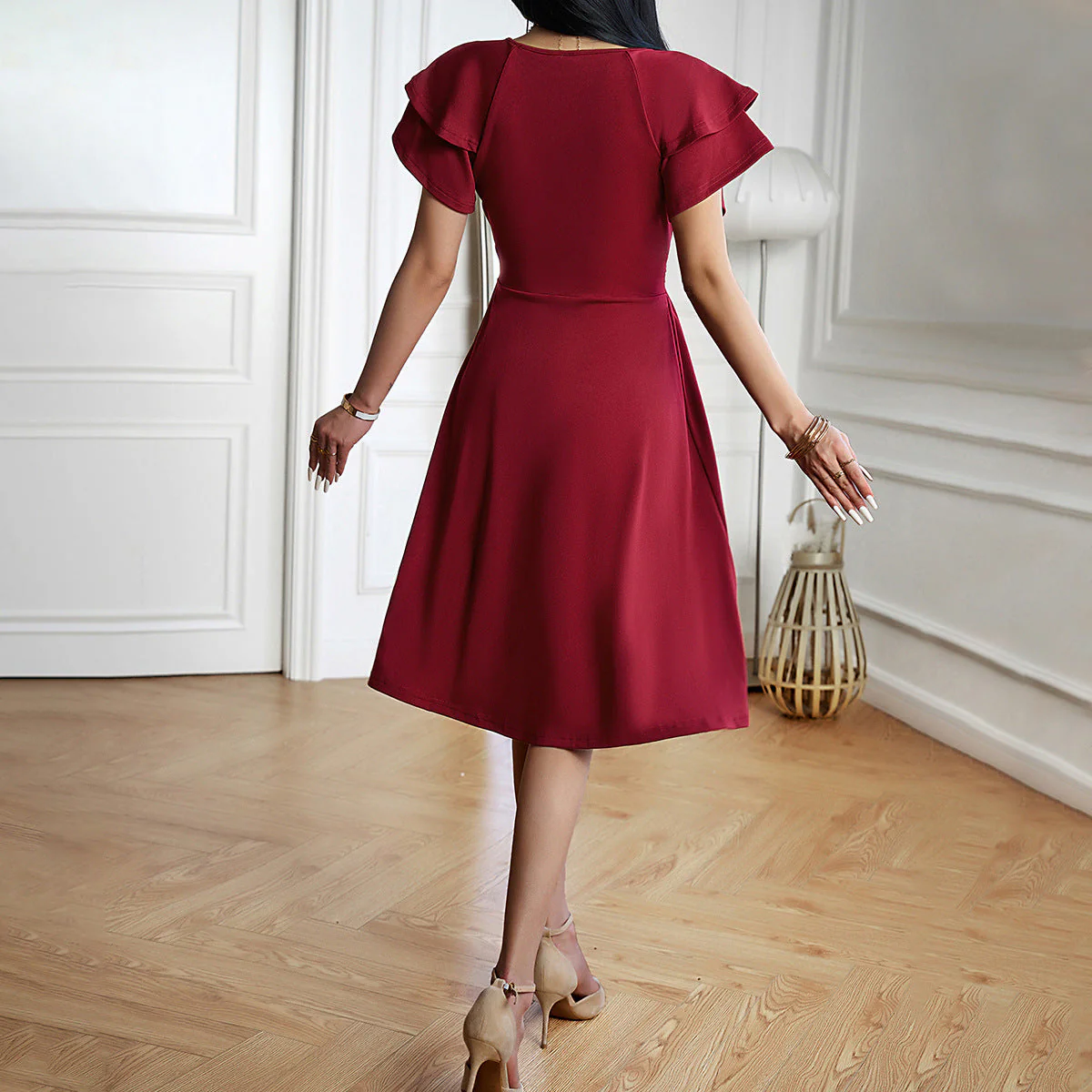 Heidi-Mode | V-Neck Solid Color Short Sleeve Dress For Women - Image 2