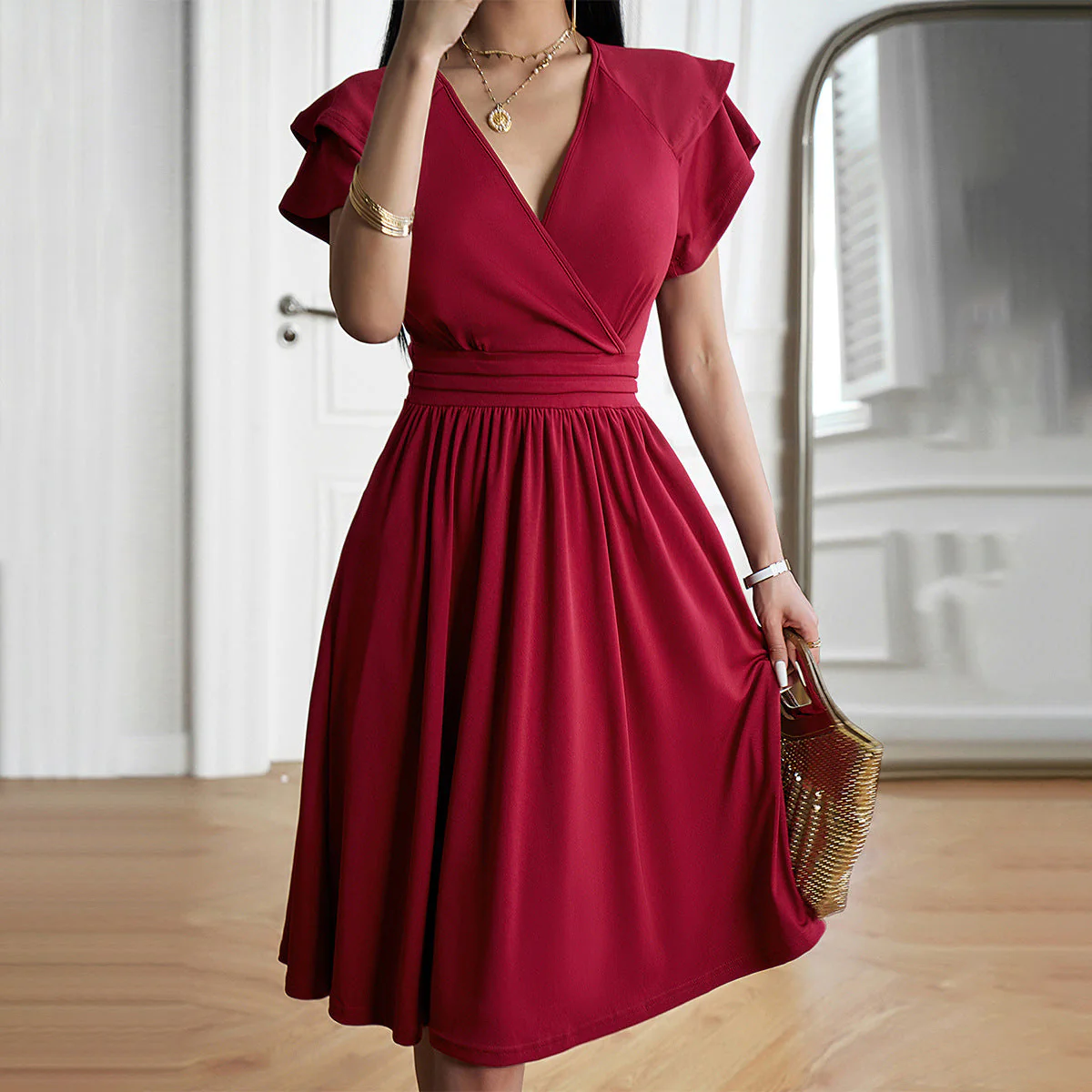 Heidi-Mode | V-Neck Solid Color Short Sleeve Dress For Women - Image 4