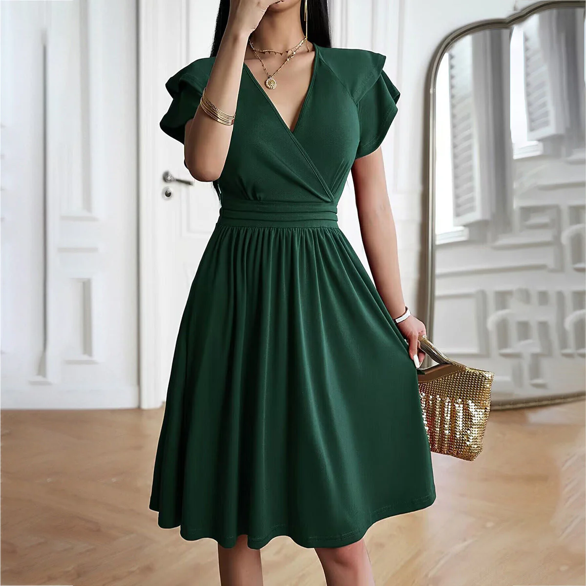 Heidi-Mode | V-Neck Solid Color Short Sleeve Dress For Women - Image 6