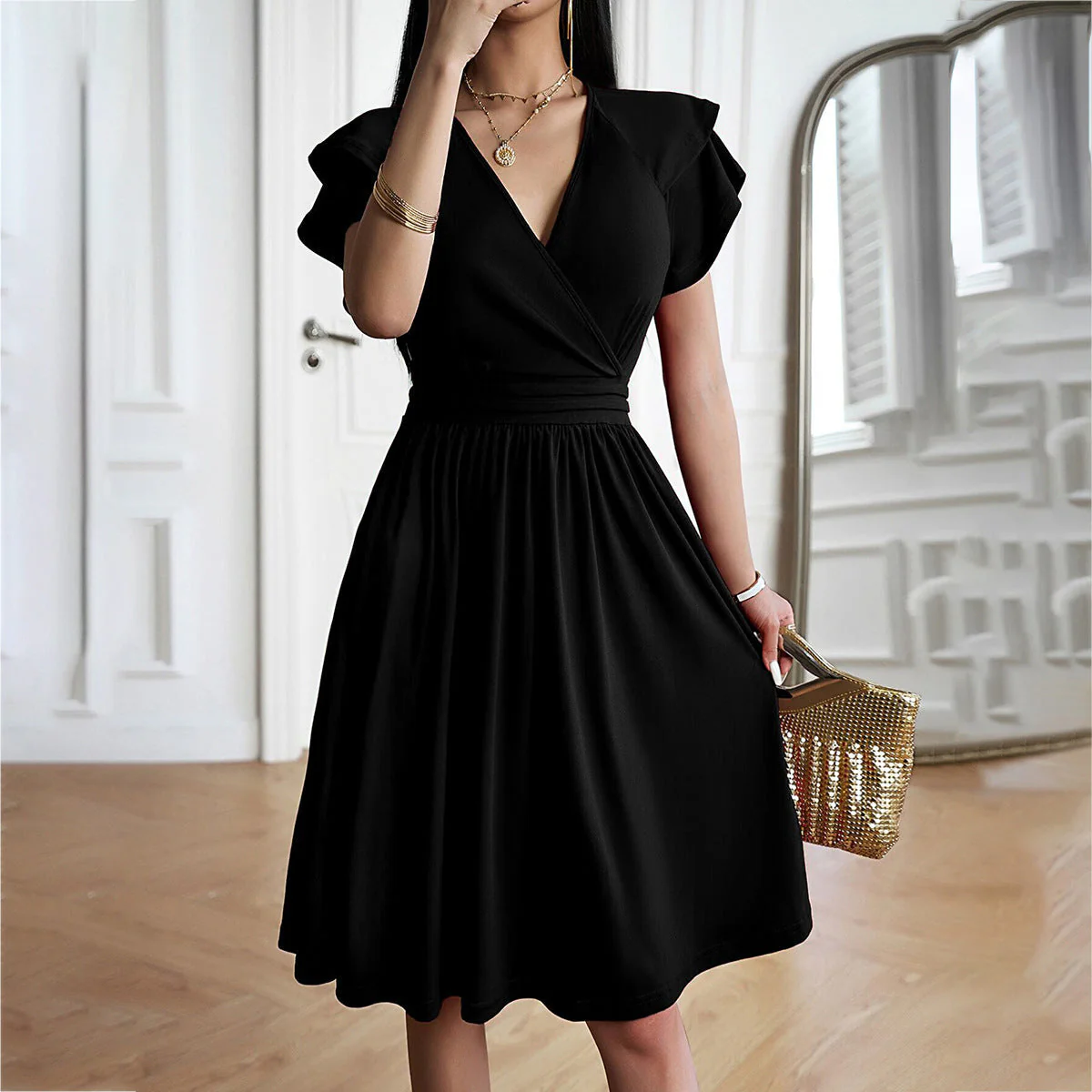 Heidi-Mode | V-Neck Solid Color Short Sleeve Dress For Women - Image 7