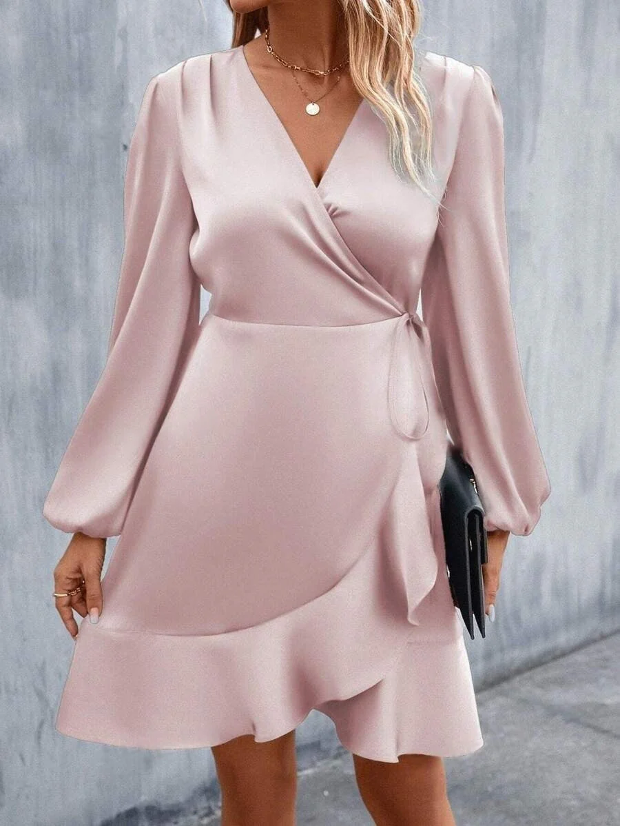 Heidi-Mode | V-Ausschnitt Kleid Satin Taille Eng Niedrig Ausschnitt Lässig Midi Kleid Süß Frauen Kleidung - Image 6