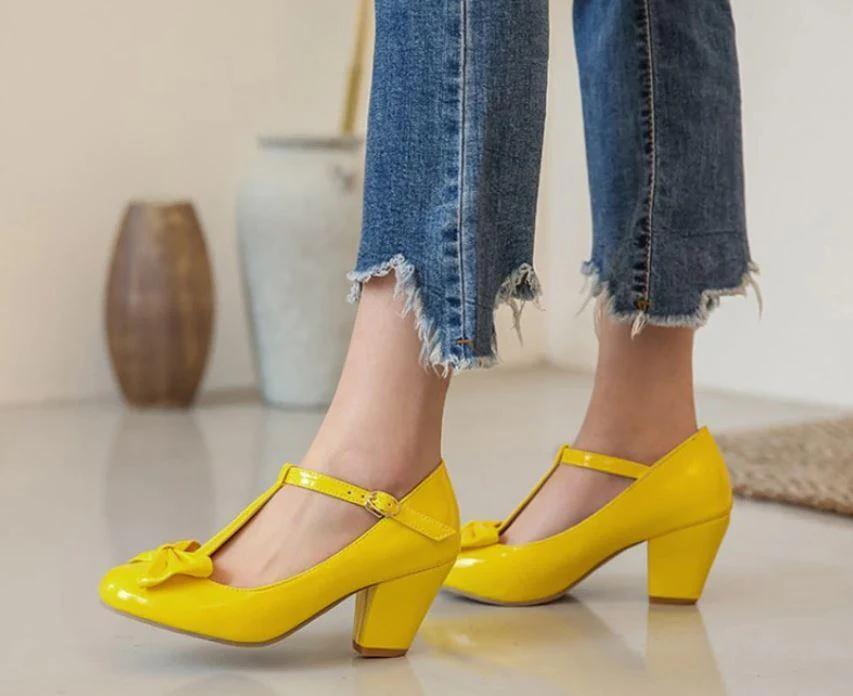 Heidi-Mode | Vintage Schuhe Damen Gelb Schleife - Image 2