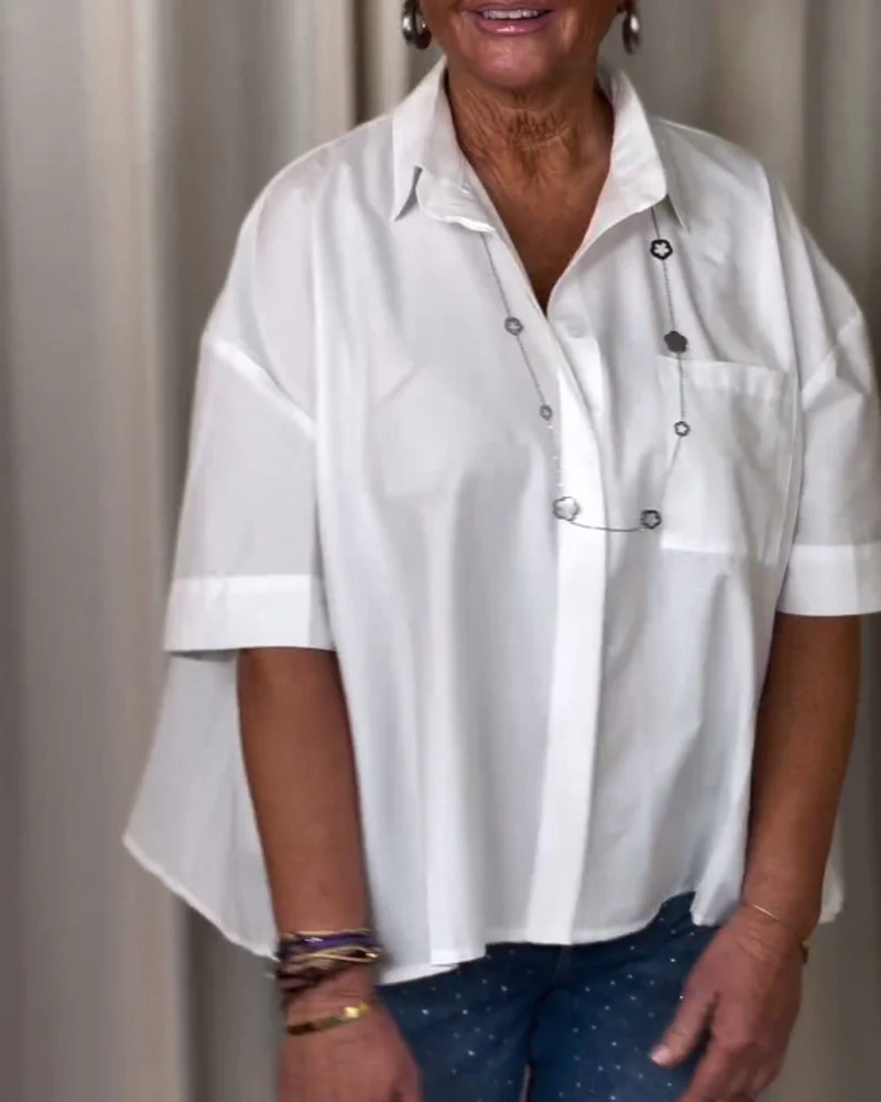 Heidi-Mode | Weiße Kurzärmelige Bluse mit Plissiertem Rücken - Image 3