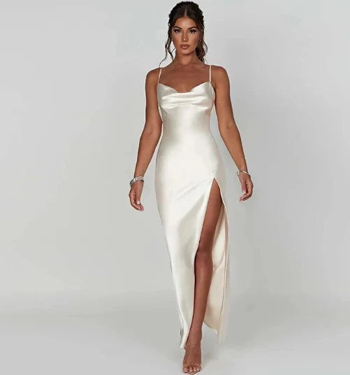 Heidi-Mode | Weißes Satin-Maxikleid mit Spaghettiträgern - Image 3