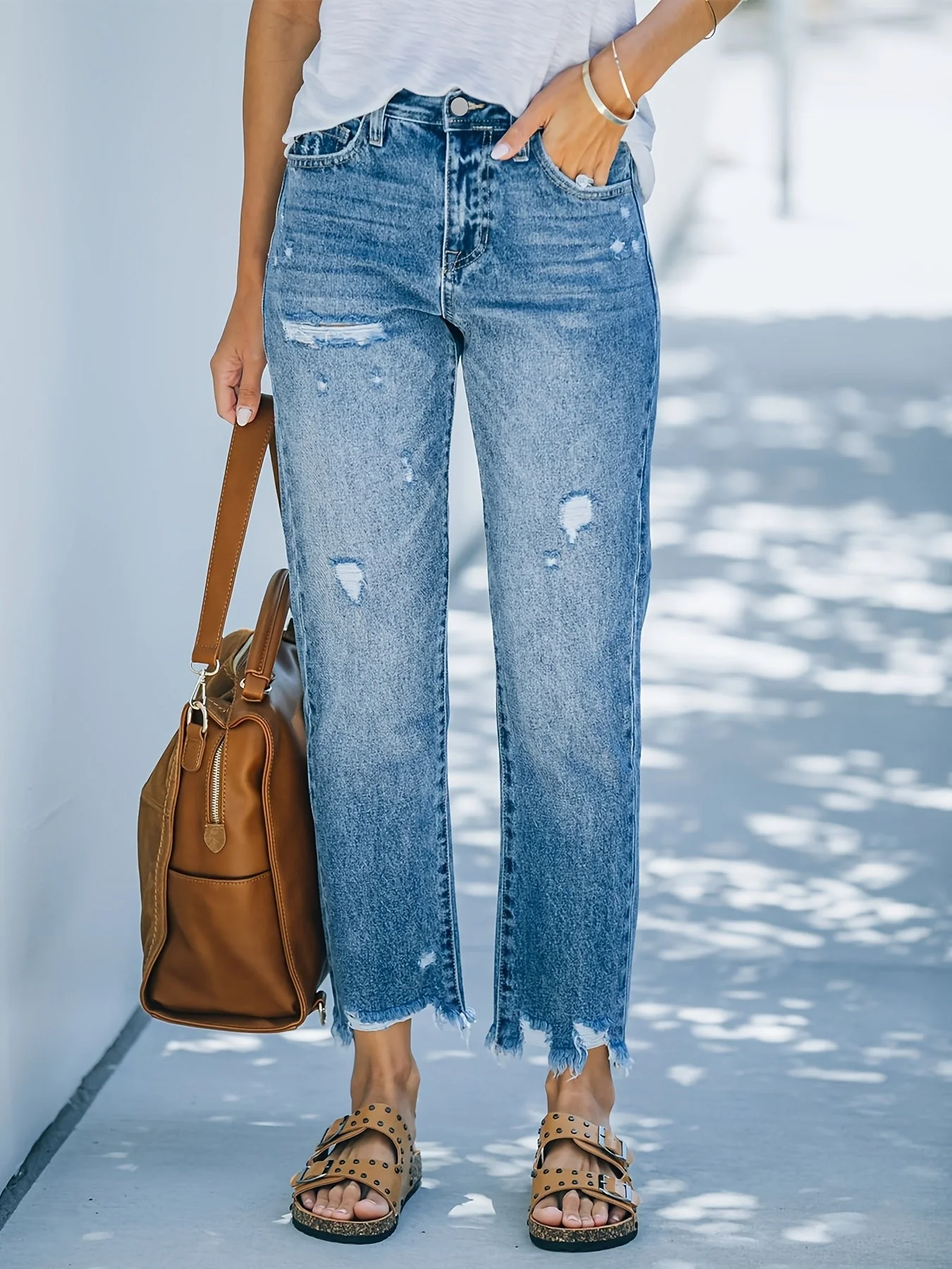 Heidi-Mode | Weinlese Gerade Jeans mit Fransen Saum - Image 3