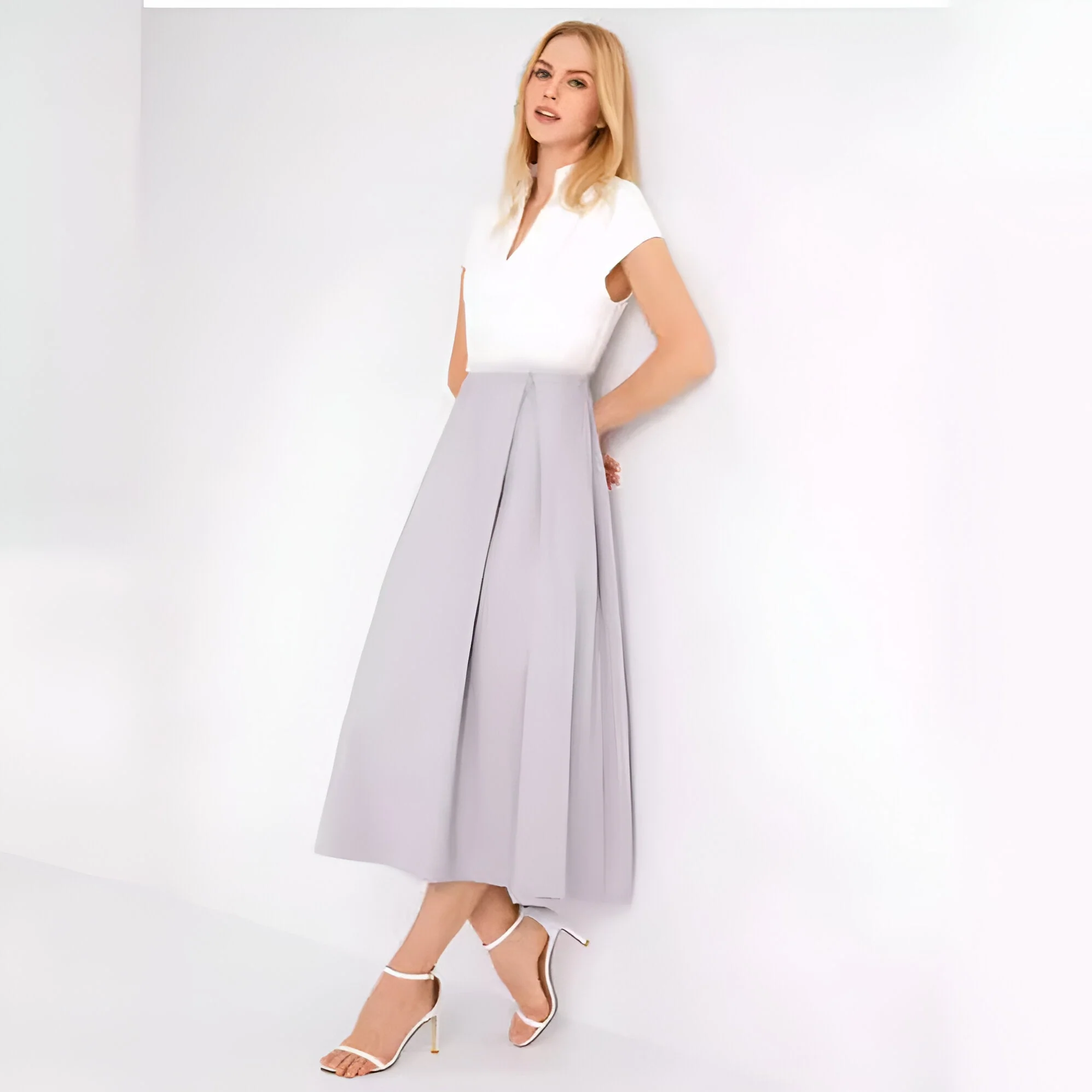 Heidi-Mode | Weißes Farbblock V-Ausschnitt Ausgestellt Sommerkleid - Image 4