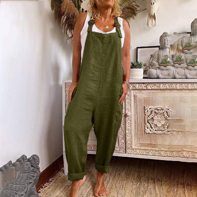 Heidi-Mode | Weite-Leg-Overall Damen Verstellbare Schnalle Baumwolle und Leinen Tasche Overalls - Image 2