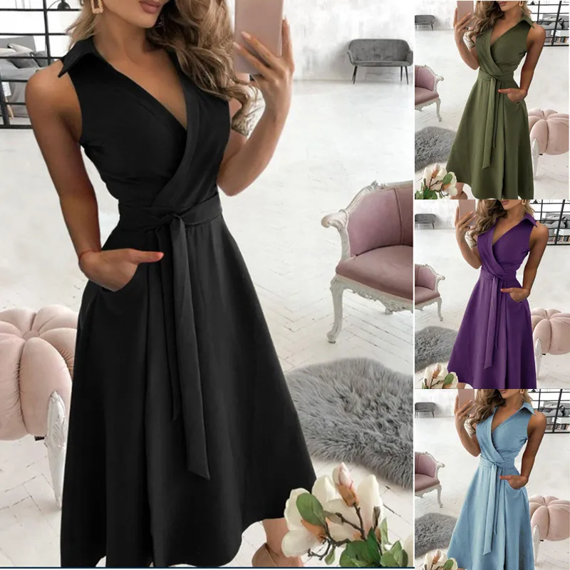 Heidi-Mode | Wickelkleid Ärmelloses Kragenloses Design Vorteilhaftes Taillenband Knielang - Image 2