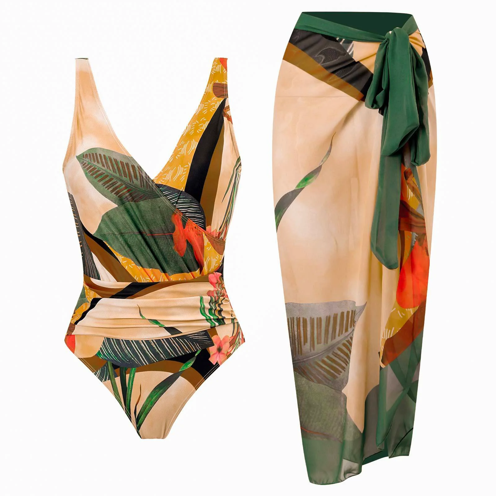 Heidi-Mode | Rosiedress Wickel V-Ausschnitt Raffung Einteiler Badeanzug und Wickel Cover-Up Rock Bedrucktes Set
