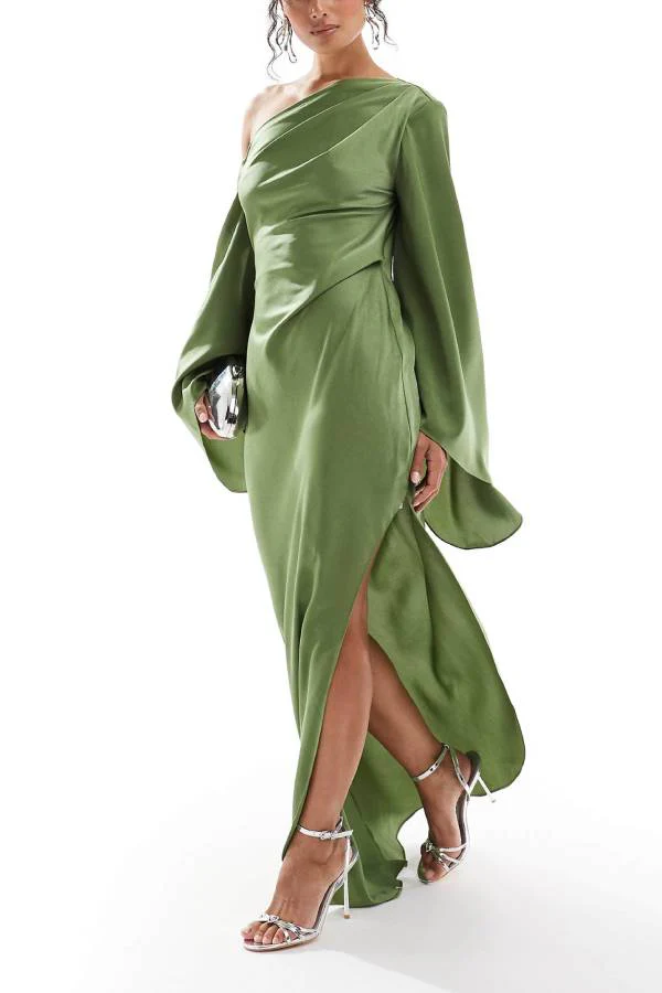 Heidi-Mode | Zayla Satin Asymmetrisches Ein Schulter Glockenärmel Schlitz Maxi Kleid - Image 2