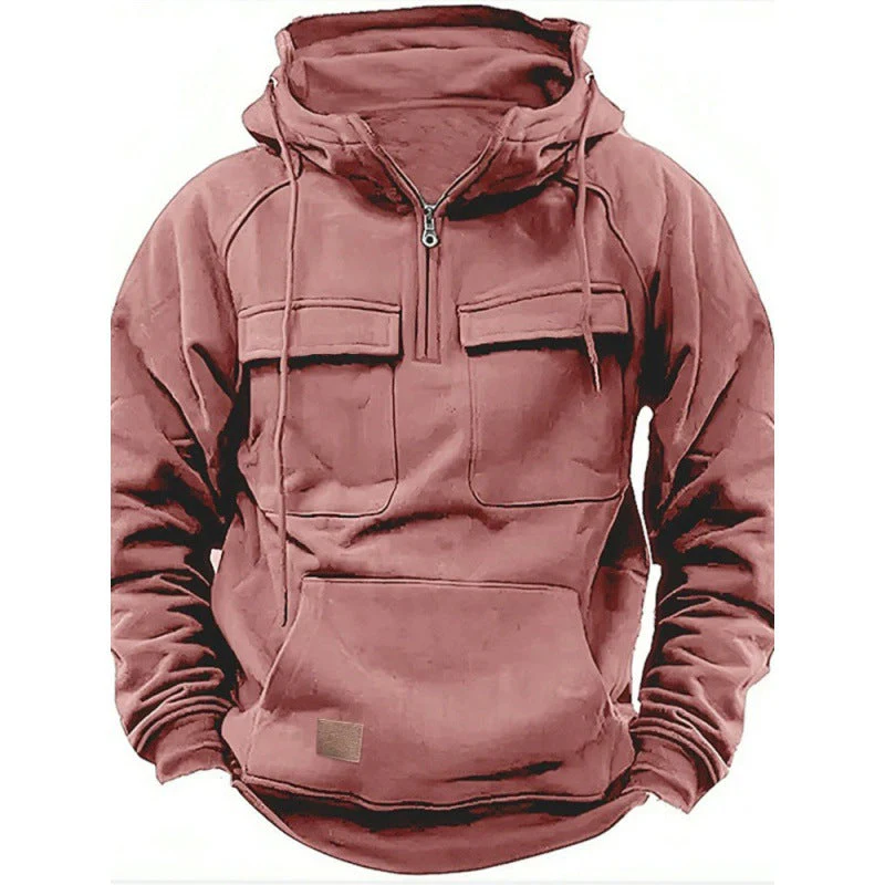 Herren Funktionale Kapuzenpullover mit Praktischen Taschen und Kurzem Reißverschluss Heidi-Mode