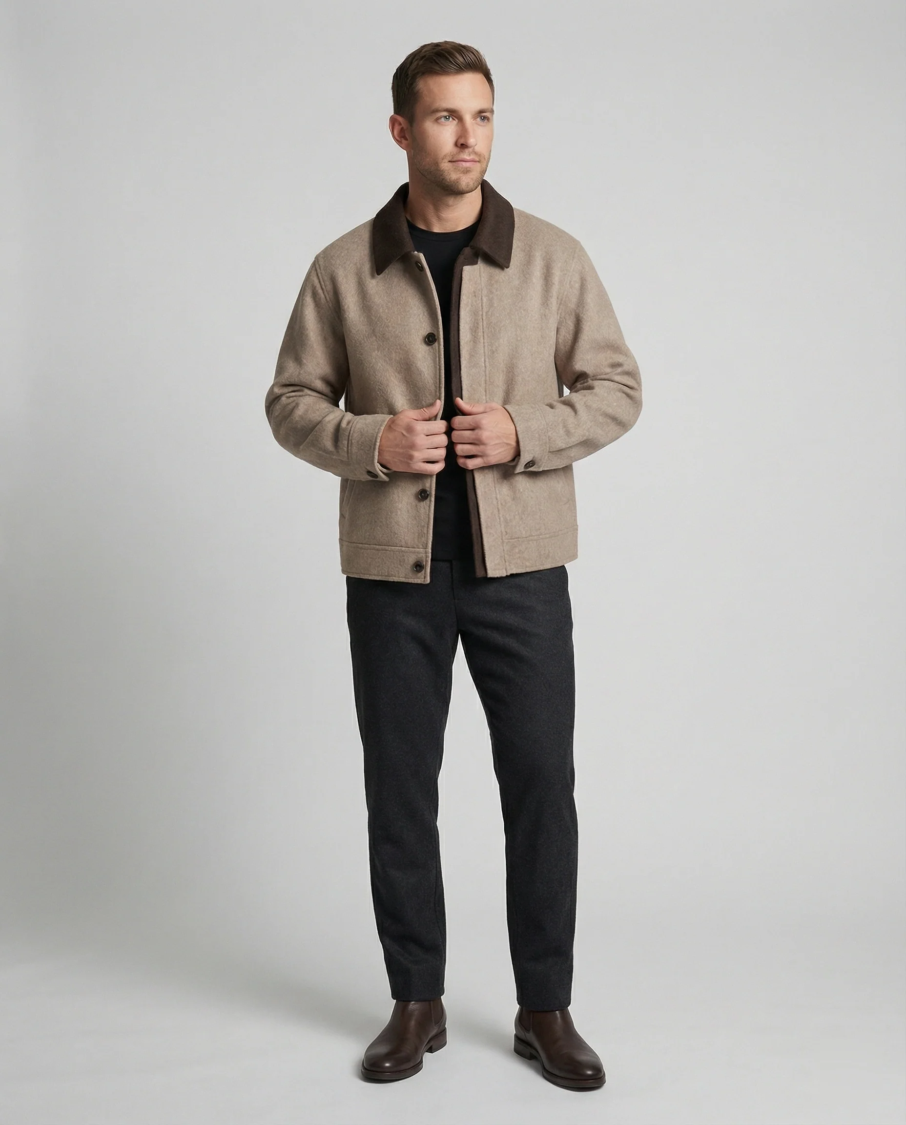 Herren geradliniger Wollmix-Hemdblouson mit Kontrastfutter und verdeckten Eingrifftaschen Heidi-Mode - Image 3