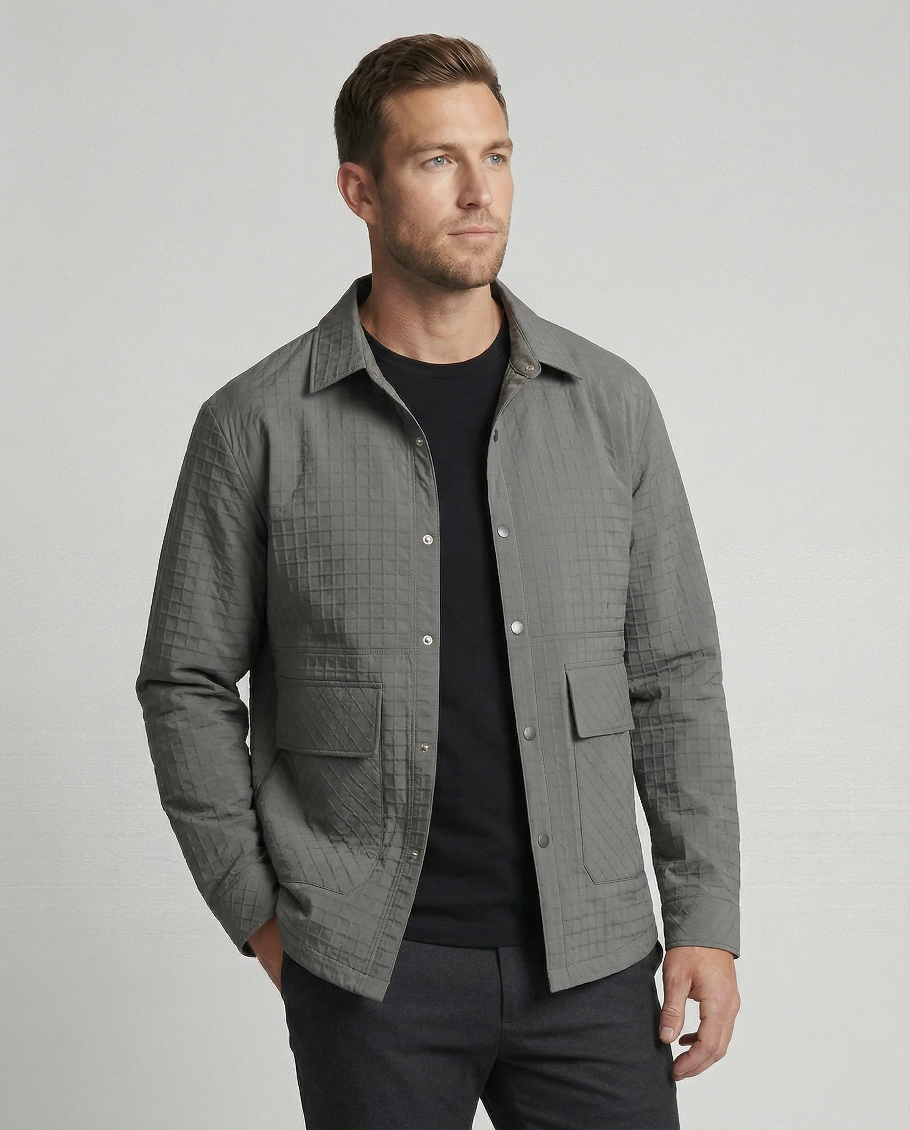 Herren gesteppte Hemdjacke mit Karosteppung Druckknopfleiste und aufgesetzten Pattentaschen Heidi-Mode