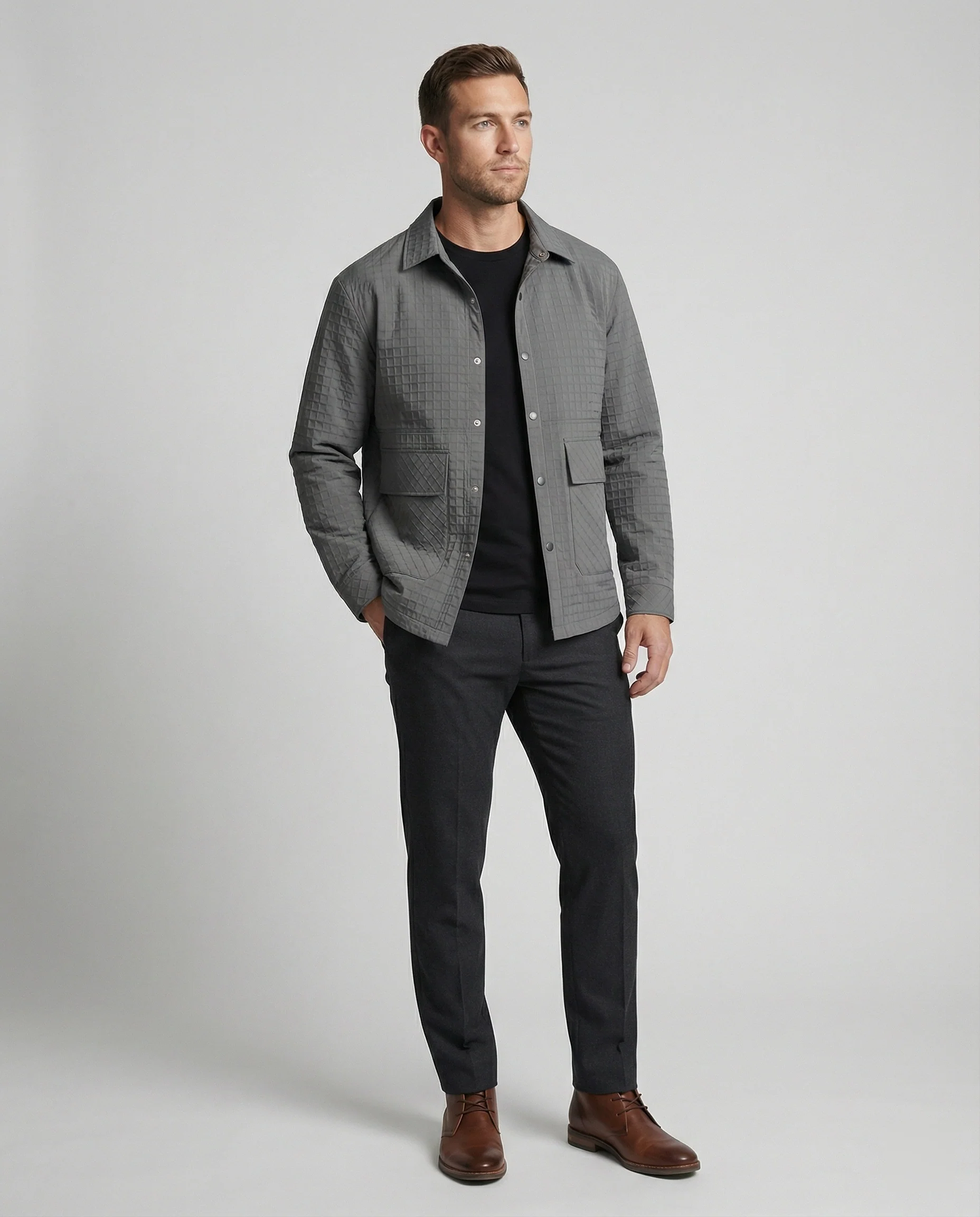 Herren gesteppte Hemdjacke mit Karosteppung Druckknopfleiste und aufgesetzten Pattentaschen Heidi-Mode - Image 3