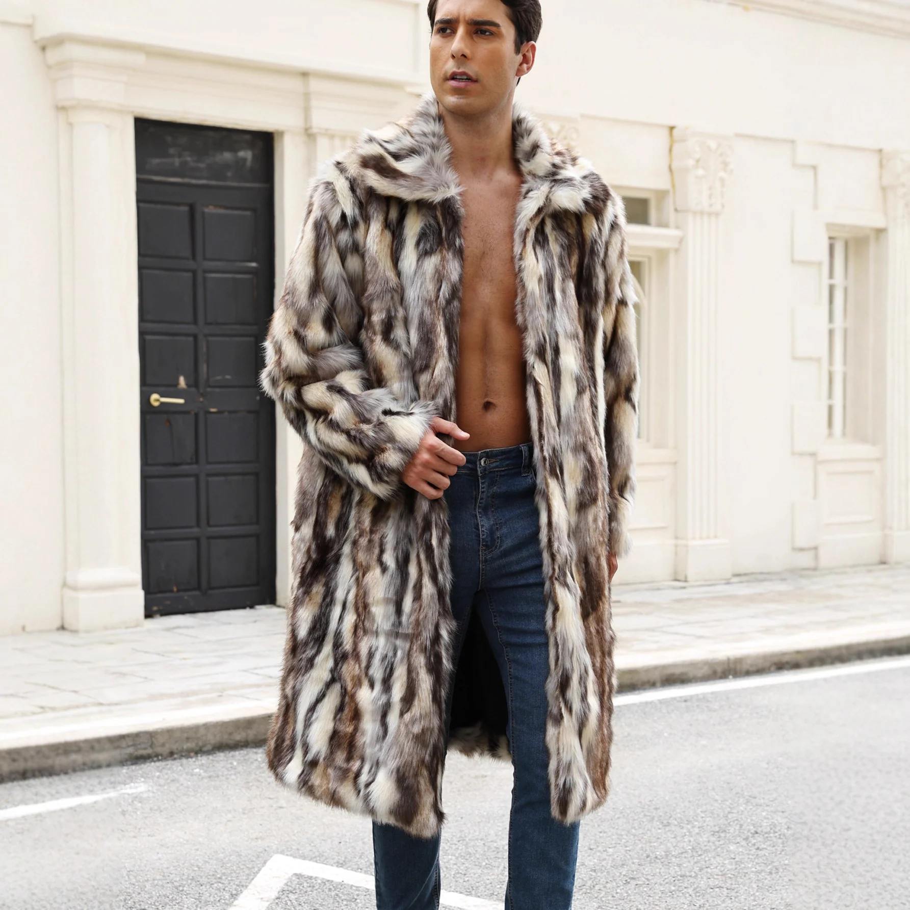 Herren Glamouröser Kunstpelzmantel mit voluminösem Kragen Heidi-Mode