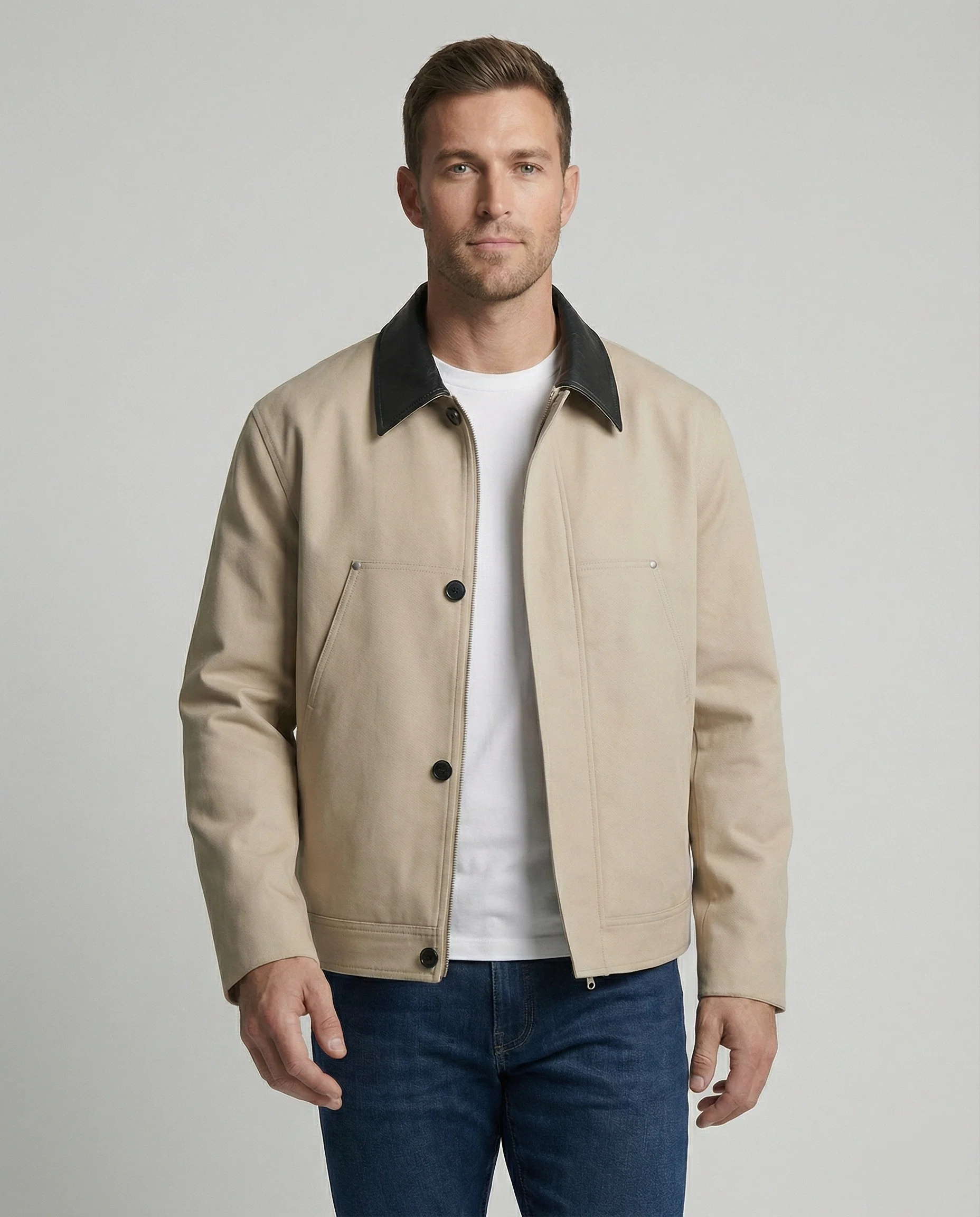 Herren kastenförmige Kurzjacke im Blousonstil mit Kontrastkragen in Lederoptik und seitlichen Eingrifftaschen Heidi-Mode