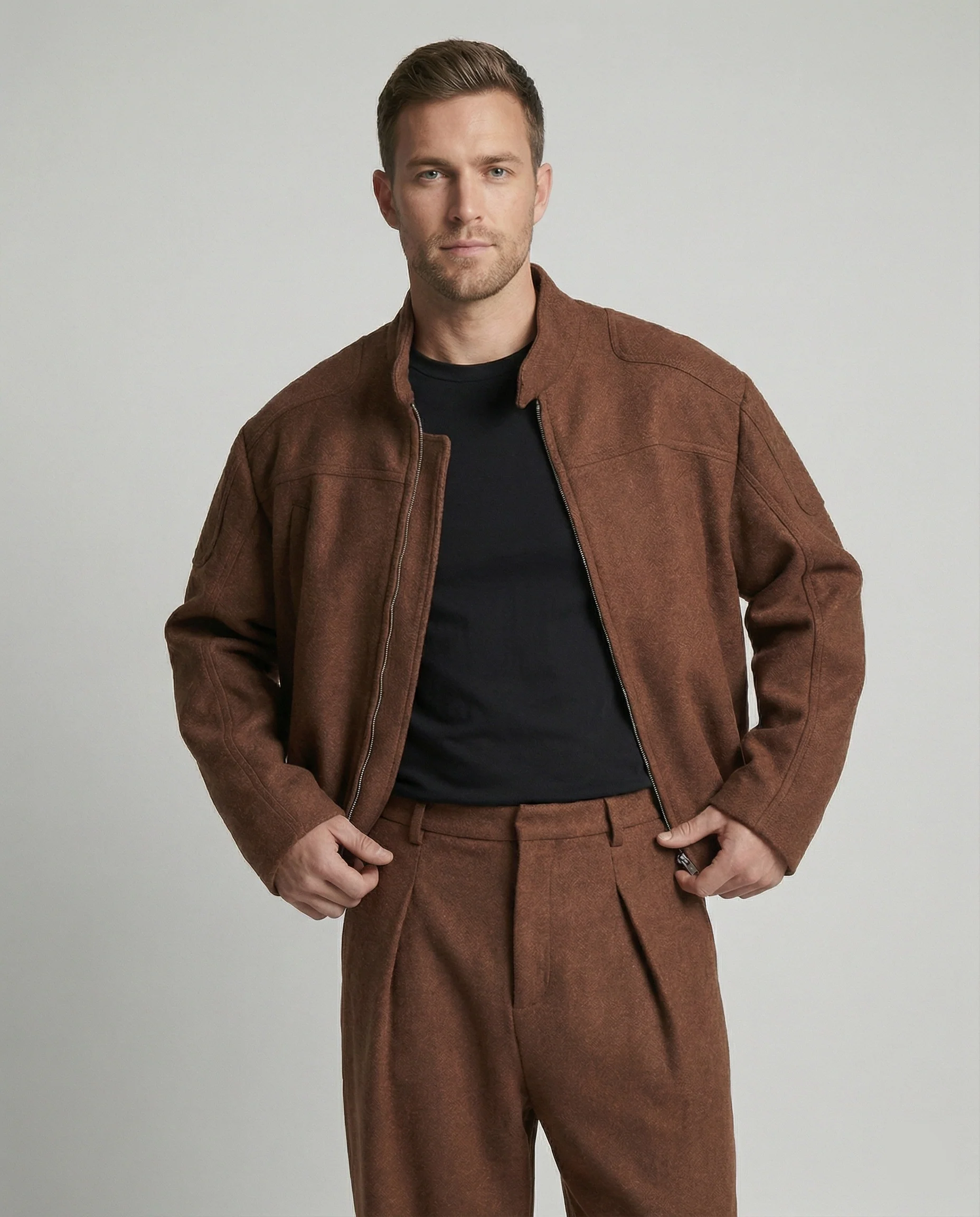 Herren kastig geschnittene Wollmix-Boxyjacke mit Stehkragen und verdecktem Reißverschluss Heidi-Mode