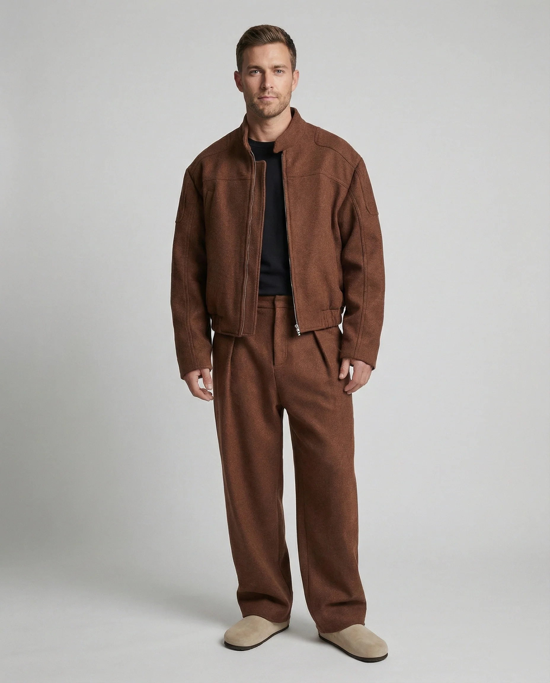 Herren kastig geschnittene Wollmix-Boxyjacke mit Stehkragen und verdecktem Reißverschluss Heidi-Mode - Image 3