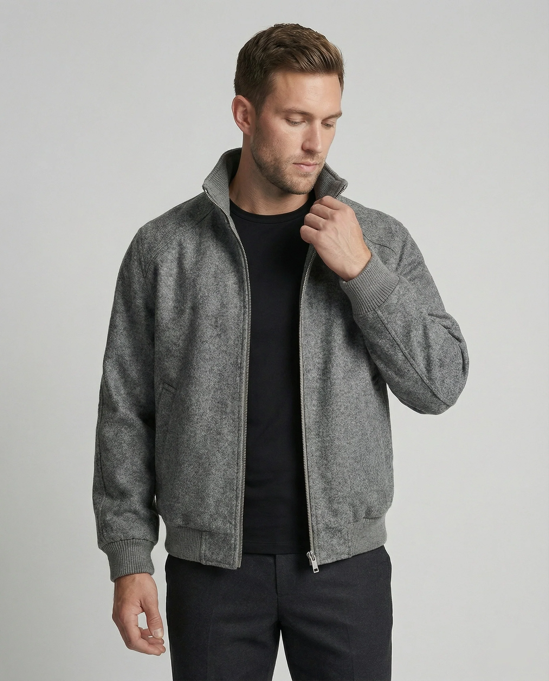 Herren kastig geschnittene Wollmix-Zipjacke mit Stehkragen Raglanärmeln und Rippbündchen Heidi-Mode