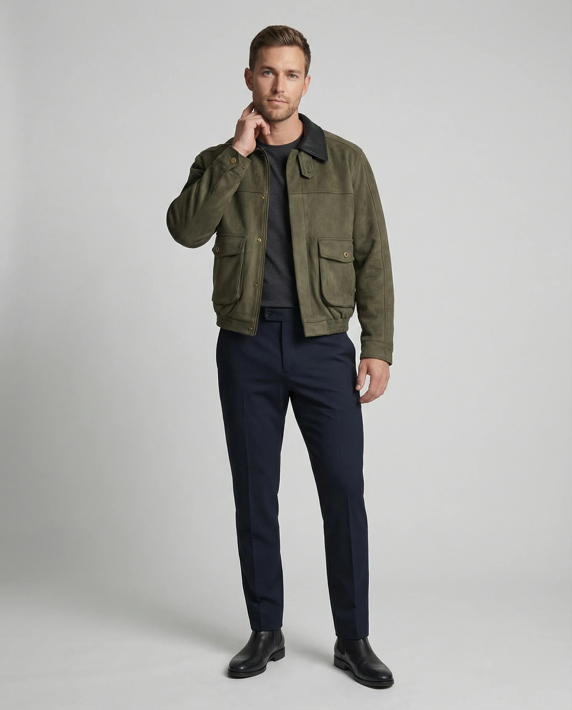 Herren kastige Blousonjacke mit Kunstlederkragen großen aufgesetzten Pattentaschen und elastischem Saum Heidi-Mode - Image 3