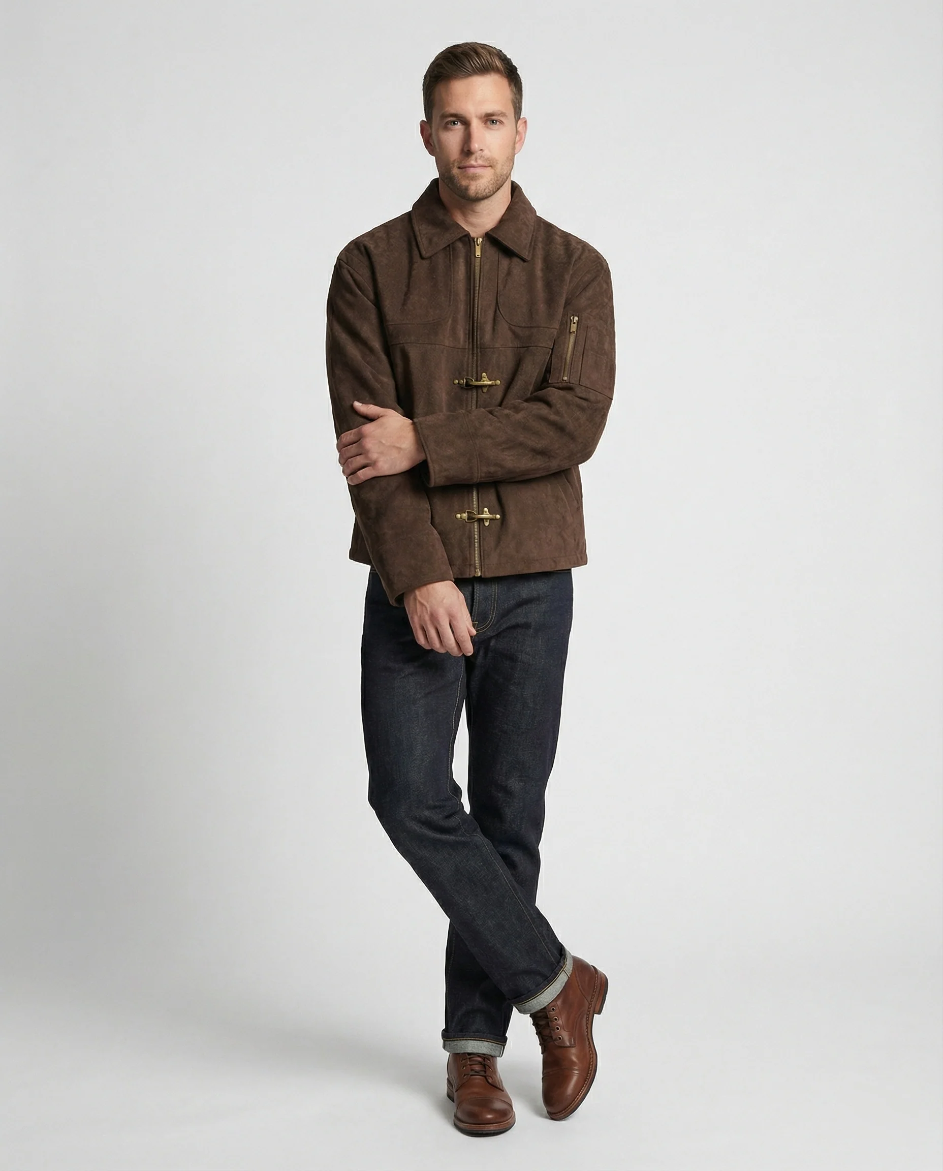 Herren kastige Velourslederjacke mit hohem Kragen Hakenverschluss und Ärmeltasche Heidi-Mode - Image 3