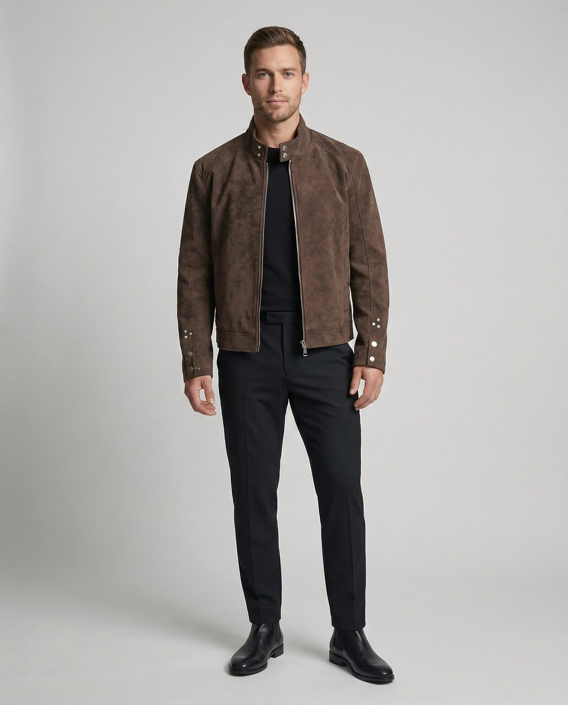 Herren kurz geschnittene Velourslederoptik-Jacke mit Stehkragen, durchgehendem Reißverschluss und Druckknopfmanschetten Heidi-Mode - Image 3