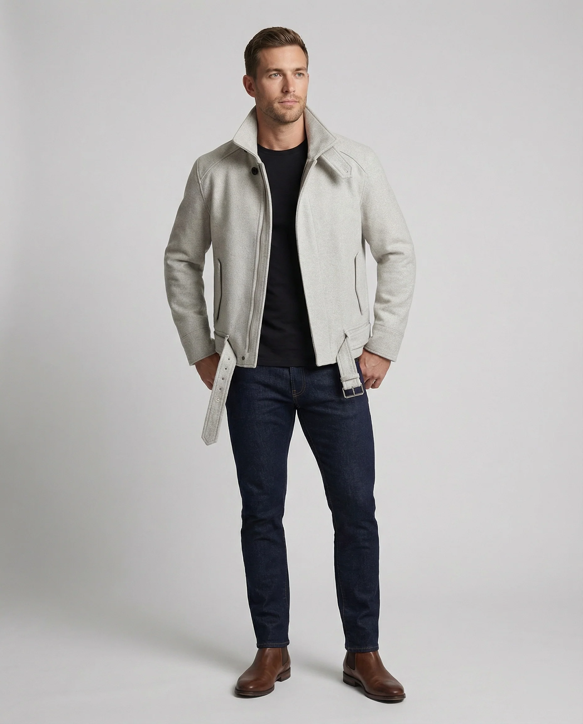 Herren kurz geschnittener Wollmix-Blouson mit hohem Stehkragen und Taillengürtel Heidi-Mode - Image 3