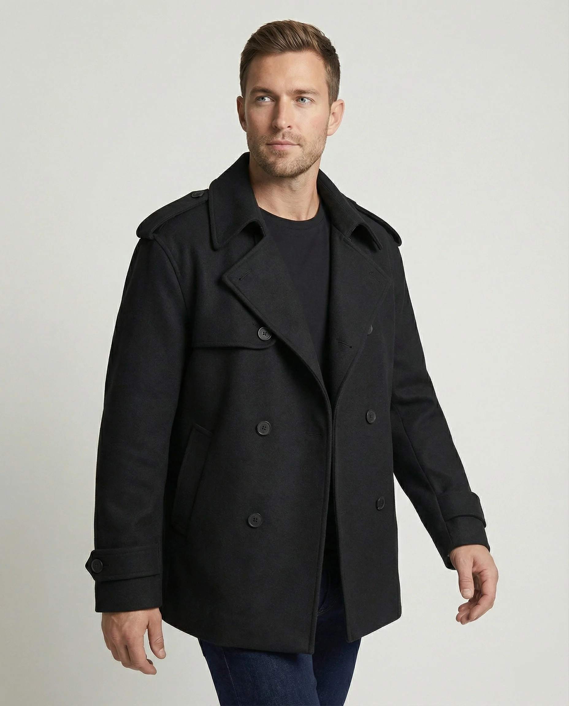Herren Kurzmantel Raglanärmel Doppelreiher Cleanfit Jacke Schwarz Locker